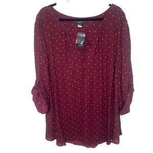 NWT $44 Torrid Blouse Womens Size 5 (5X US) Burgundy & Yellow Polka Dot 3/4 Slee